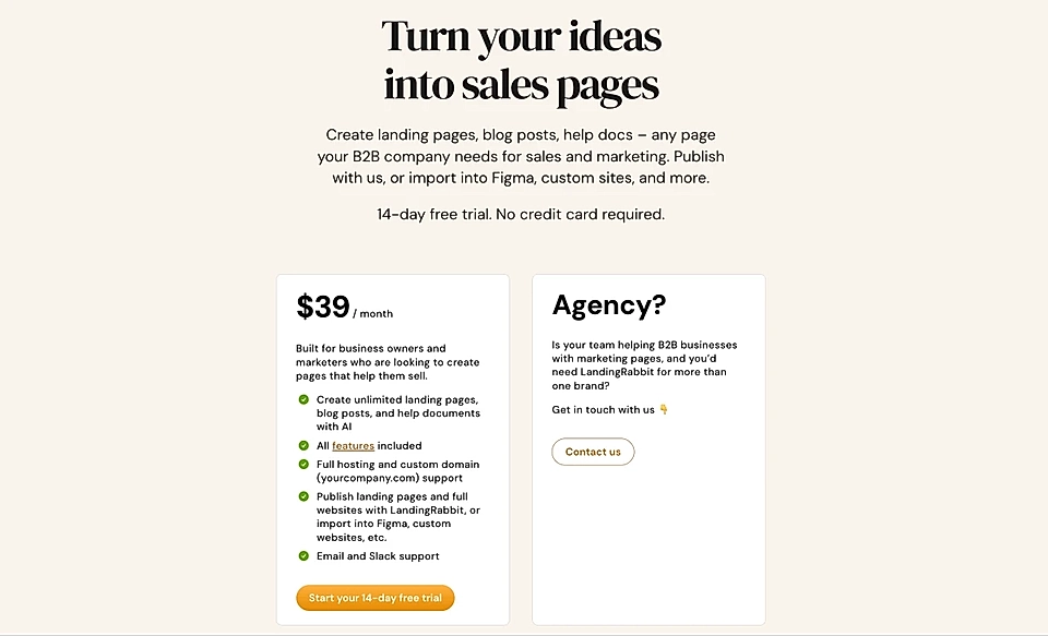 Landing page design promoting a sales page tool, highlighting features, pricing, and an agency contact option.