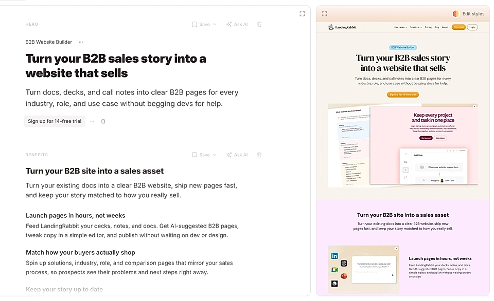 Screenshot of a B2B website builder with a text editor and page preview