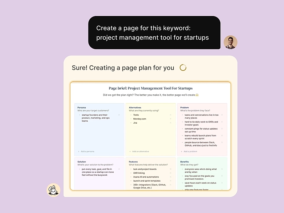 Chat UI showing AI creating a project management tool page plan for startups, with page brief sections