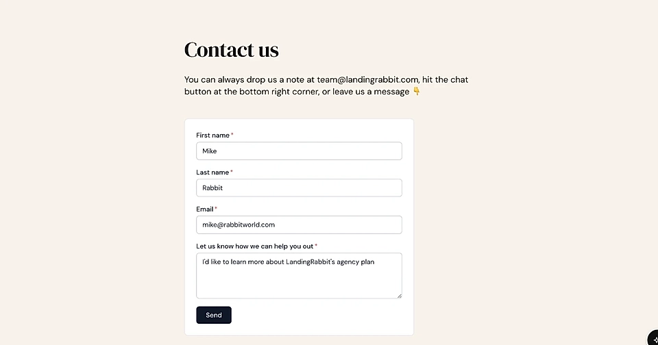 Contact form on a website, requesting first name, last name, email, and assistance message from users.