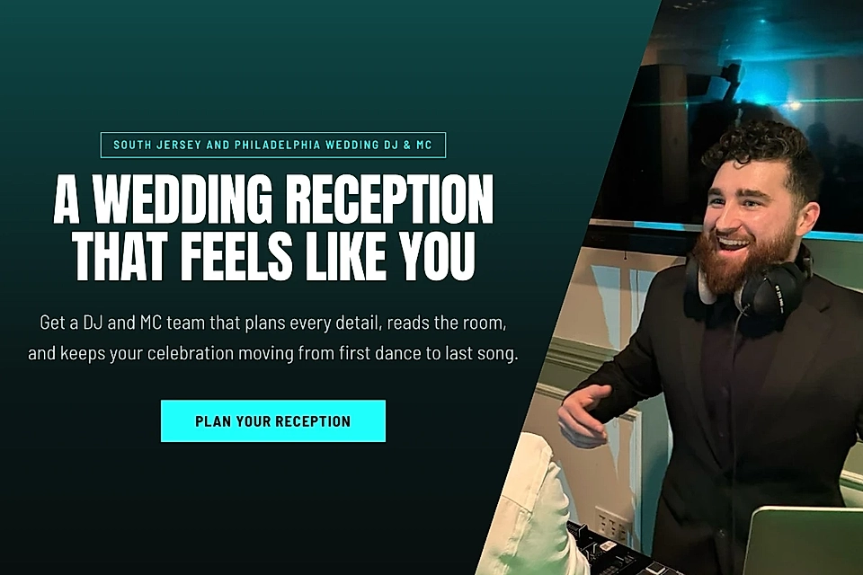 Wedding DJ and MC promotional webpage with headline, call-to-action button, and DJ photo