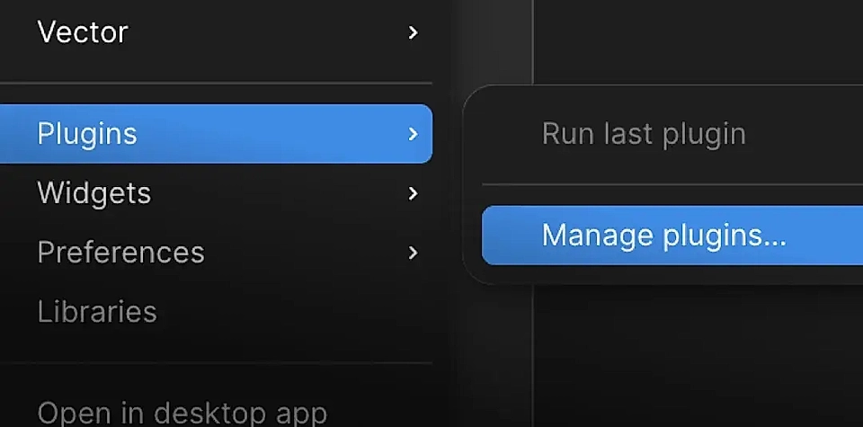 Menu interface showing options for 'Plugins', 'Widgets', and 'Preferences' with a 'Manage plugins...' button in Figma
