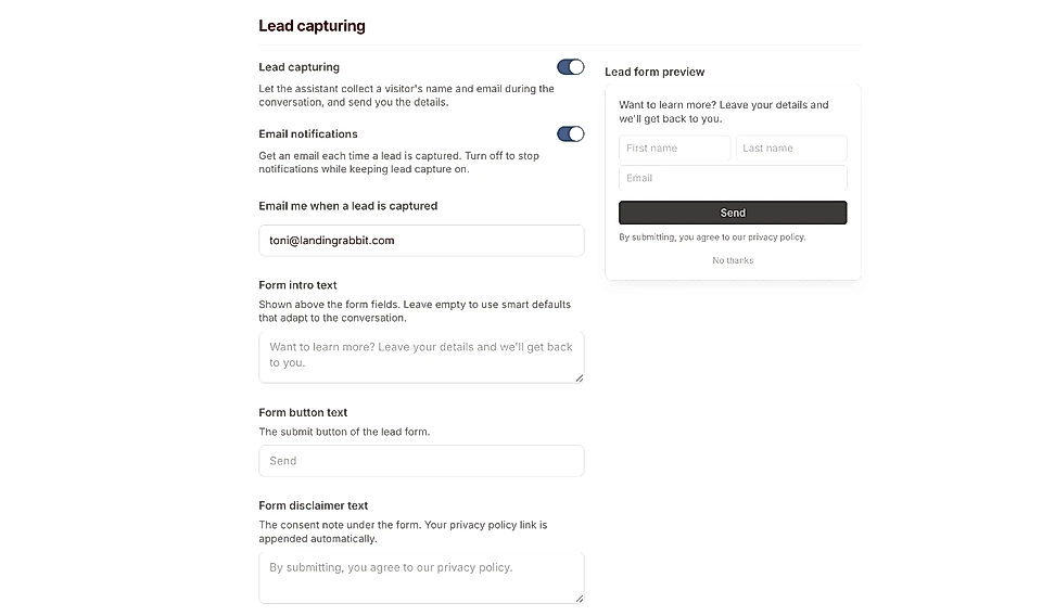 Lead capturing settings for the Ask AI chat widget