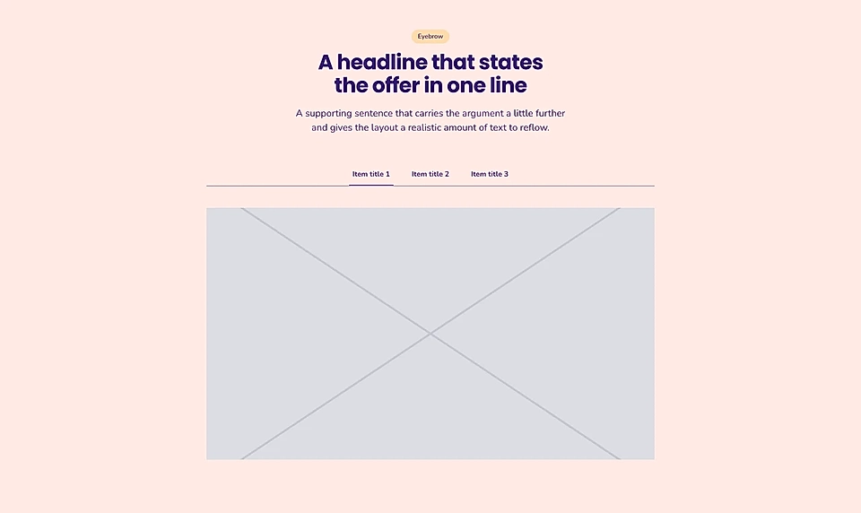 Landing page mockup with headline, tab menu, and large image placeholder