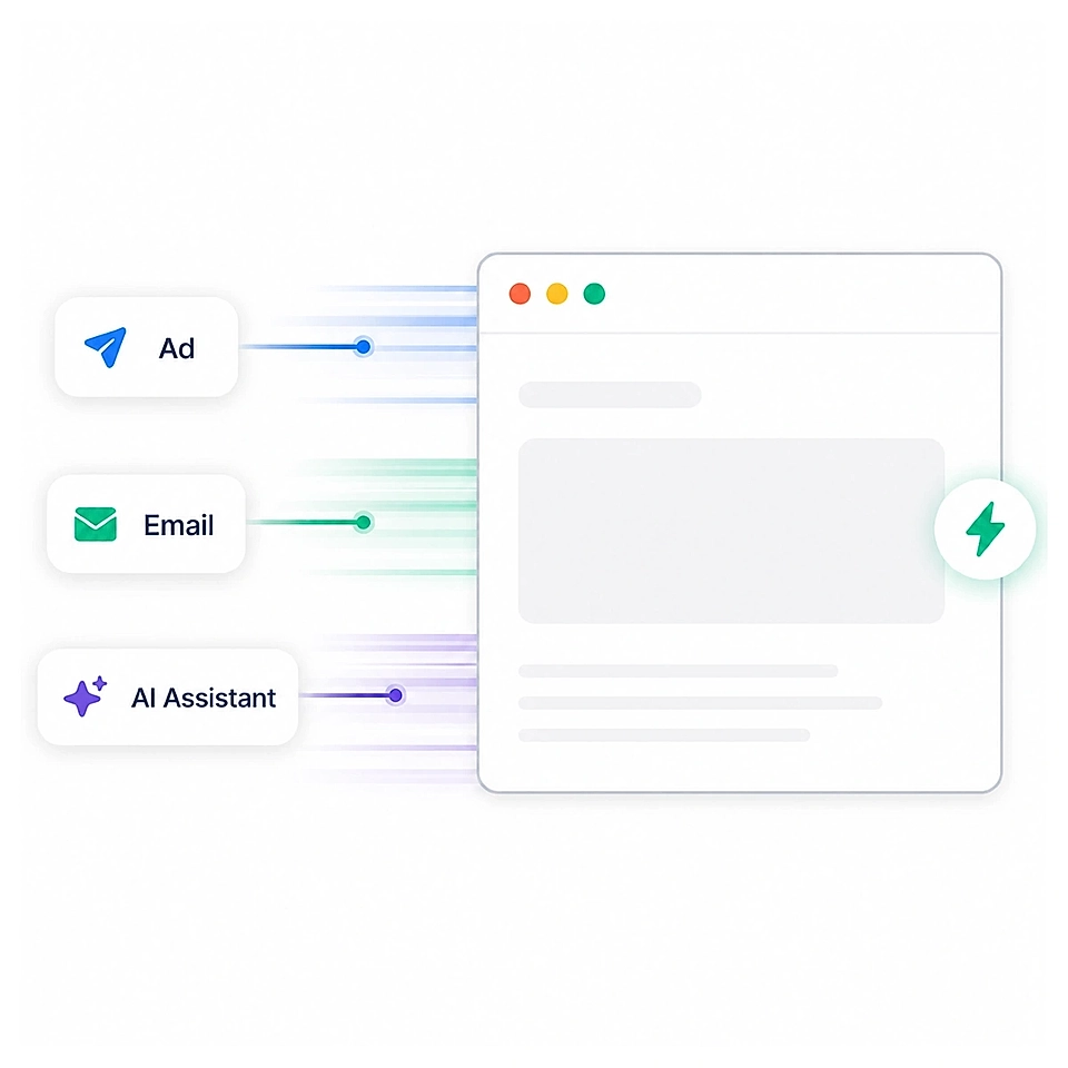 Illustration showing an ad, email, and AI assistant directing data to a web browser window with a lightning bolt icon.