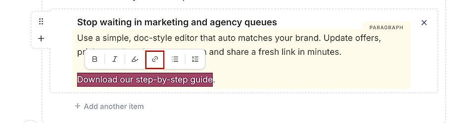 Screenshot of LandingRabbit page editor with options to format text and a link to download a step-by-step guide.