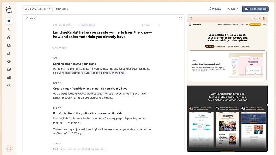 LandingRabbit website editor showing homepage copy on desktop with live preview