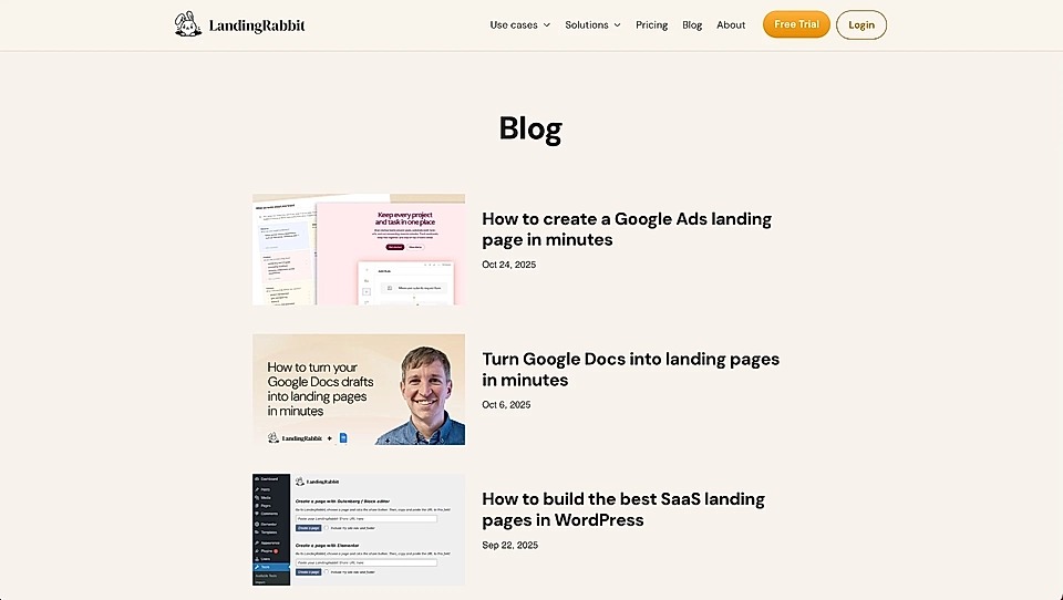 Screenshot of the LandingRabbit blog showcasing three posts about creating landing pages and Google Ads.