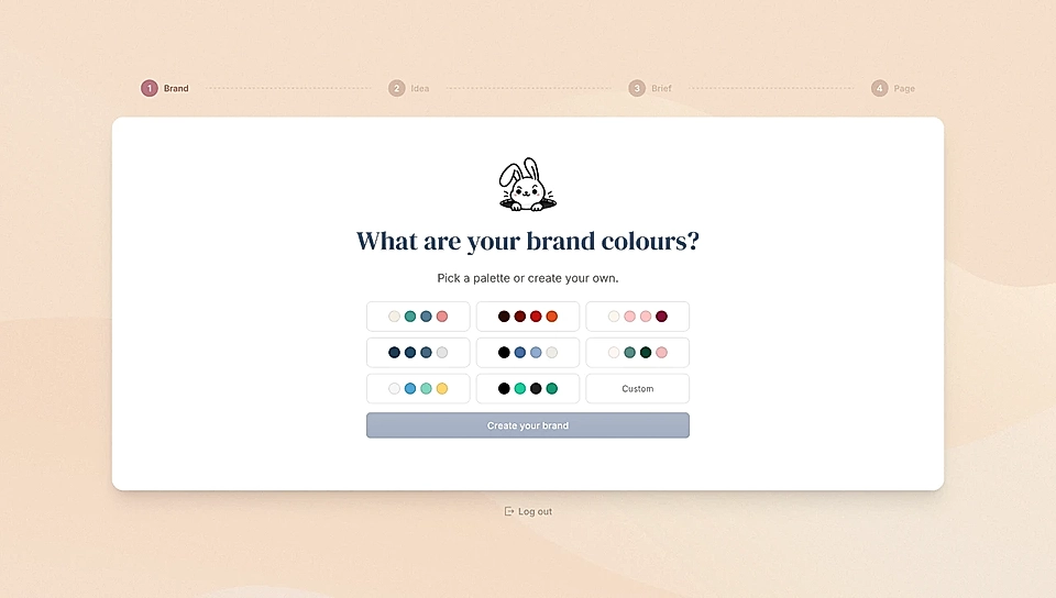 Screenshot of a color selection interface for brand design with ready-made color palettes and custom colours