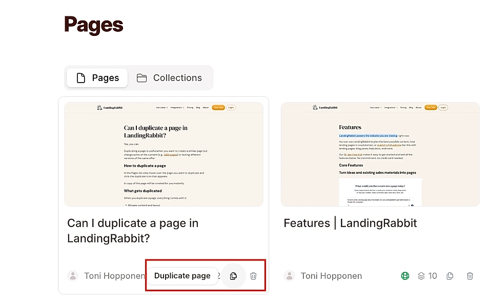 Screenshot of the LandingRabbit interface showing page duplication option and a features page.