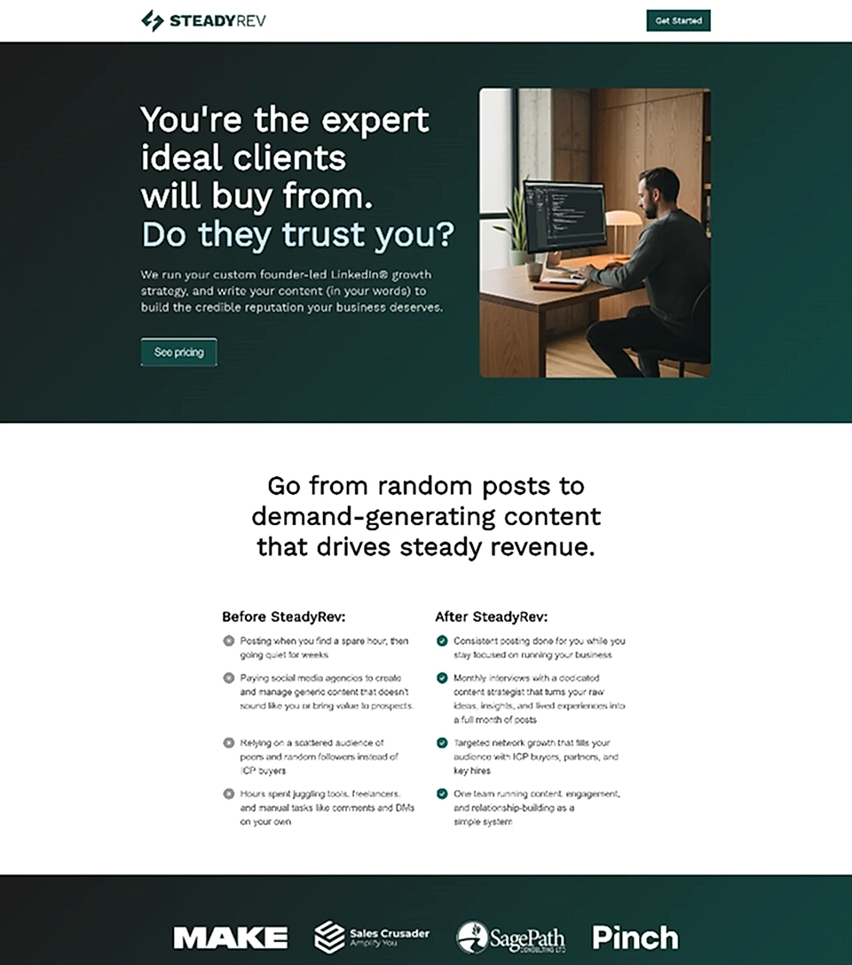 Website homepage for SteadyRev, showcasing LinkedIn growth strategy with a person working at a desk and key service points.