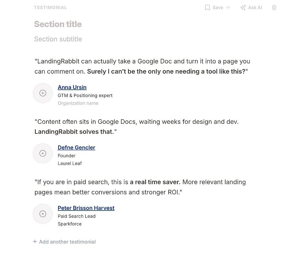 Screenshot of a testimonial section editor in LandingRabbit