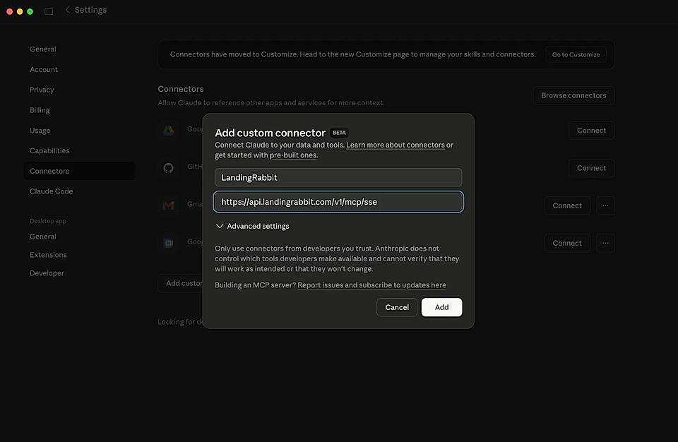 Screenshot of Claude's settings page, showing 'Add custom connector' for LandingRabbit with API URL input.