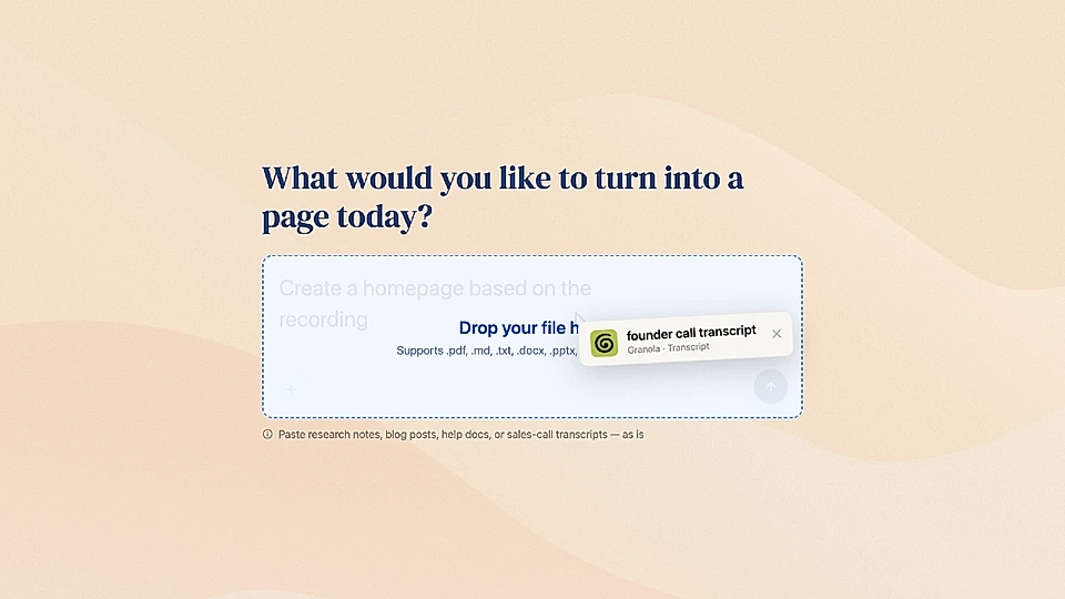 Website builder prompt asking what page to create, with a transcript file dragged into an upload box.