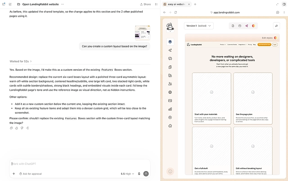 Adding a custom design layout to a page via WebMCP and ChatGPT app for desktop
