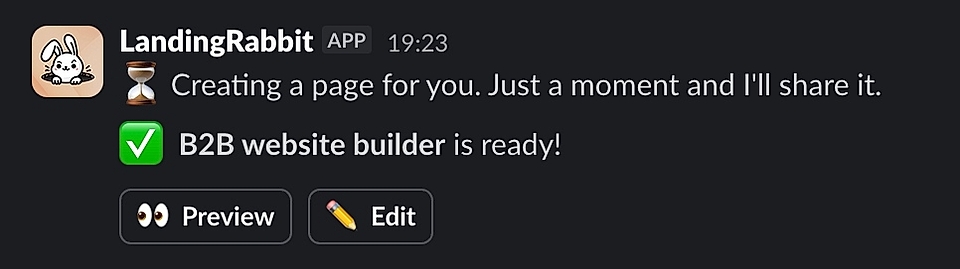 Screenshot of LandingRabbit app notifying user that B2B website builder page is ready, with options to preview or edit.