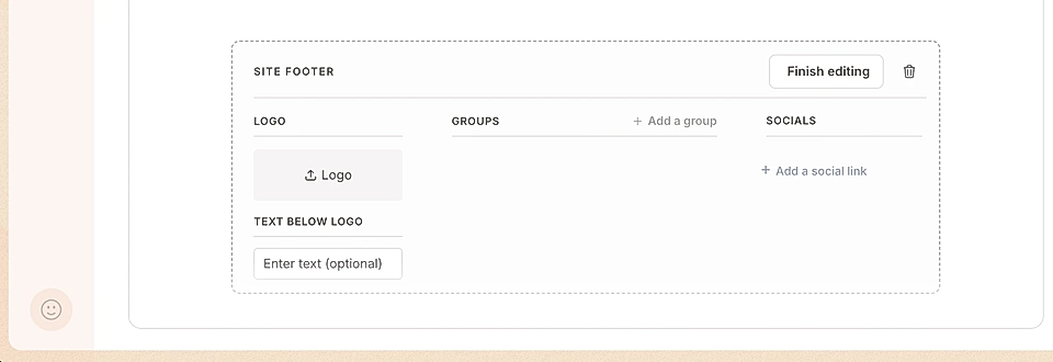 LandingRabbit site footer editing tools, including sections for logo, groups, social links, and text input.