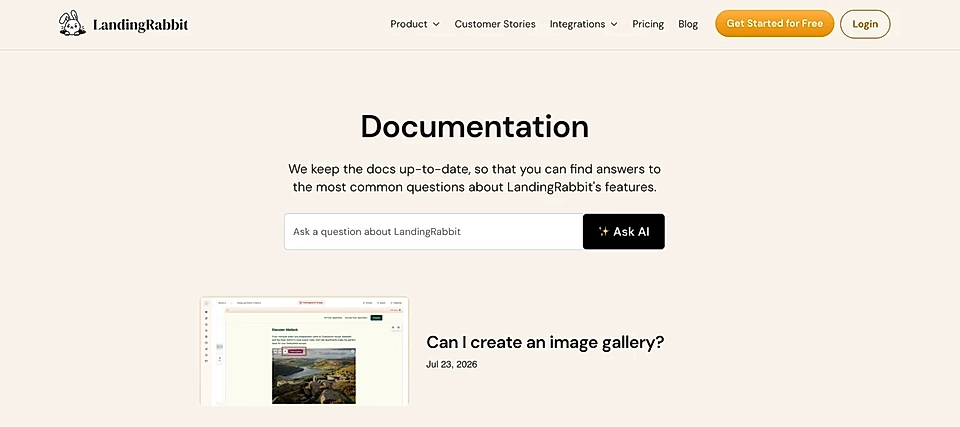 LandingRabbit documentation page with with the Ask AI search bar