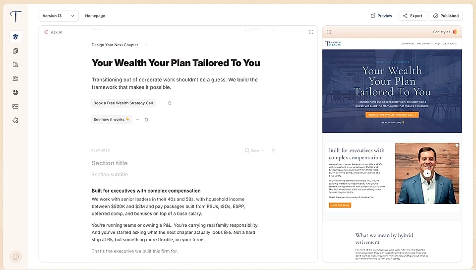 LandingRabbit page editor showing a wealth management landing page with headline, CTA buttons, and live preview panel.