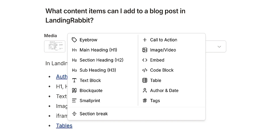 Screenshot of LandingRabbit content items menu for blog posts, including headings, text blocks, media options, etc.