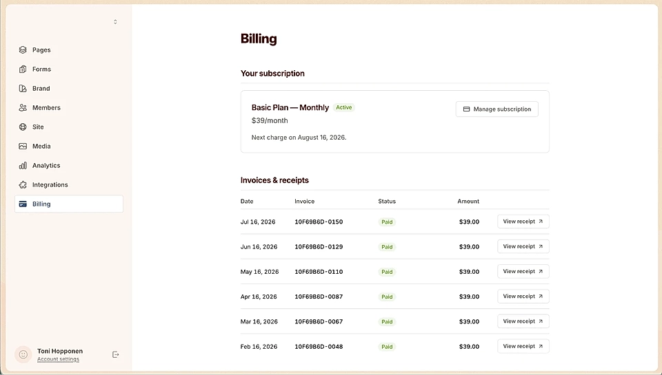Billing tab with subscription plan, next charge date, and invoices and receipts