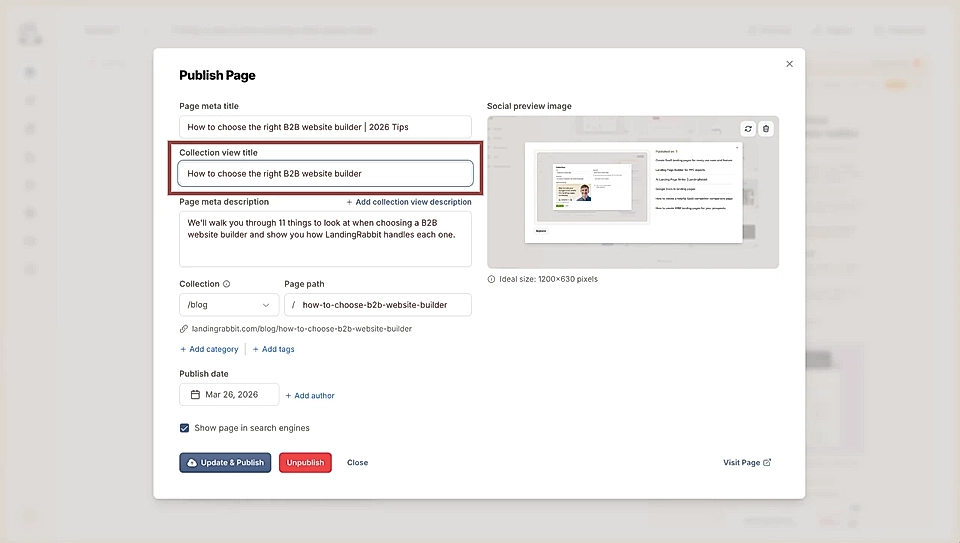 Publish Page popover with the additional Collection page list view title field