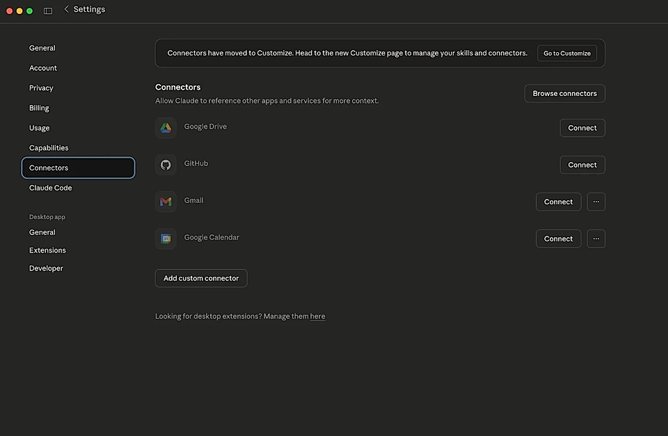 Settings page displaying connectors for Google Drive, GitHub, Gmail, and Google Calendar in a dark theme.