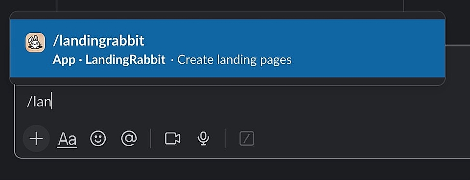 Screenshot of Slack interface showing an app called LandingRabbit for creating landing pages.