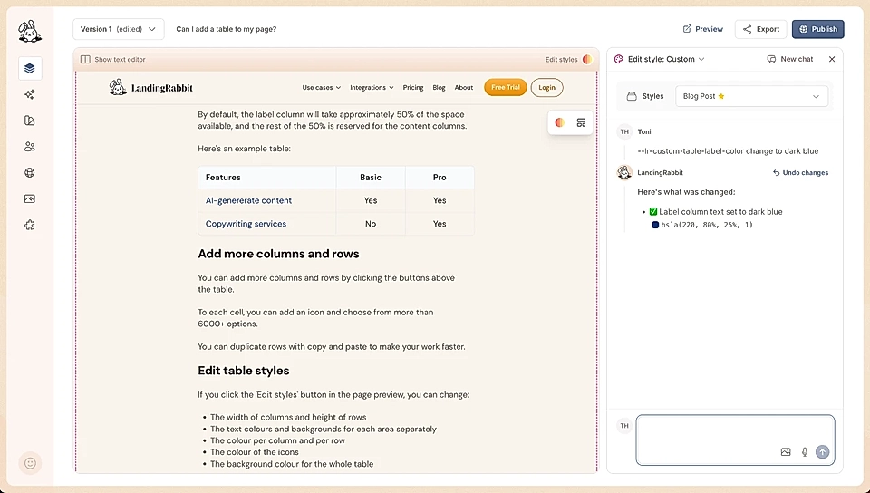 Screenshot of the LandingRabbit editor displaying a table with features, customization options, and style editing tools.