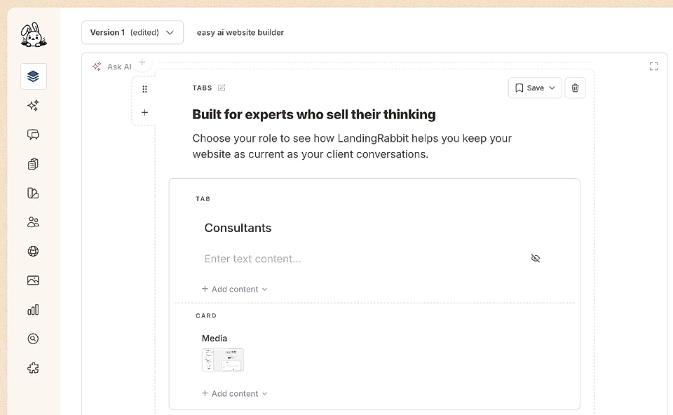 Tabs section content editor for the section header, tabs, and cards