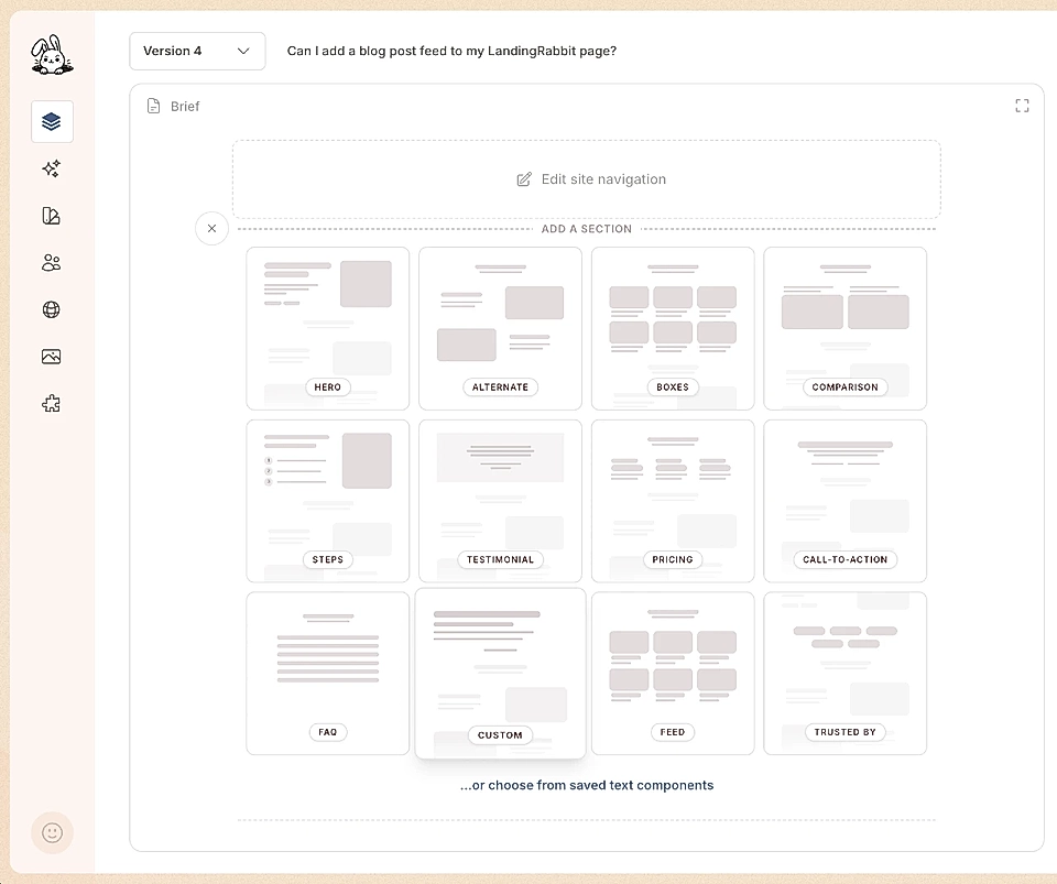 A user interface displaying options to add sections like Hero, Testimonial, and Pricing on a LandingRabbit page.