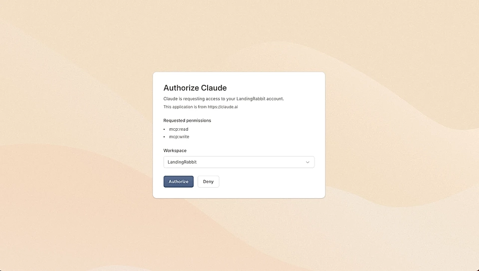 Authorization screen for Claude requesting access to LandingRabbit account with options to authorize or deny.