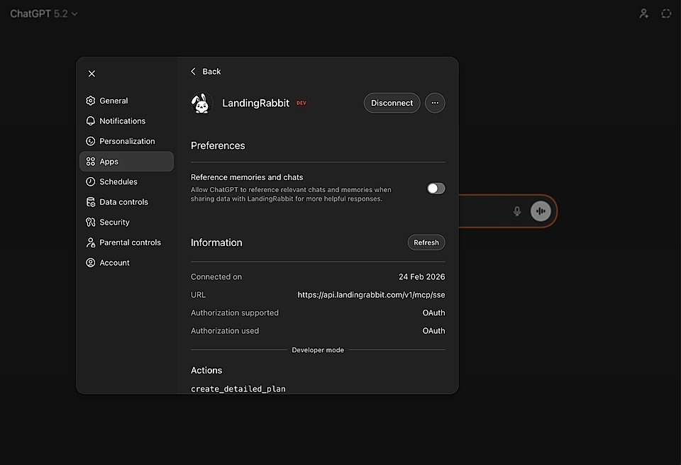 Screenshot of the ChatGPT 5.2 settings, showing app preferences for LandingRabbit, including connection info and options.