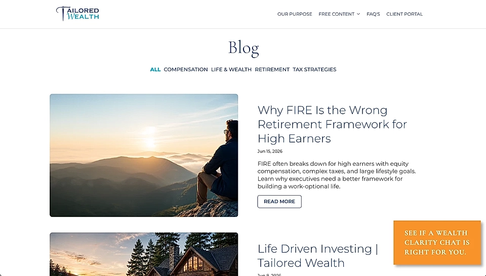 Tailored Wealth blog page showing the most recent blog posts