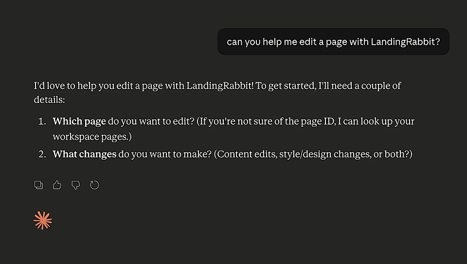 Screenshot of a chat interface asking for page editing details in LandingRabbit, with prompts for page and changes.