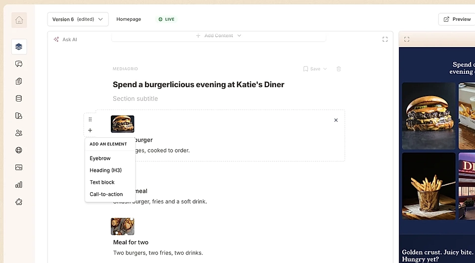 Add content items to the media grid tiles, showing title, text, eyebrows, and cta buttons on top of the image/video