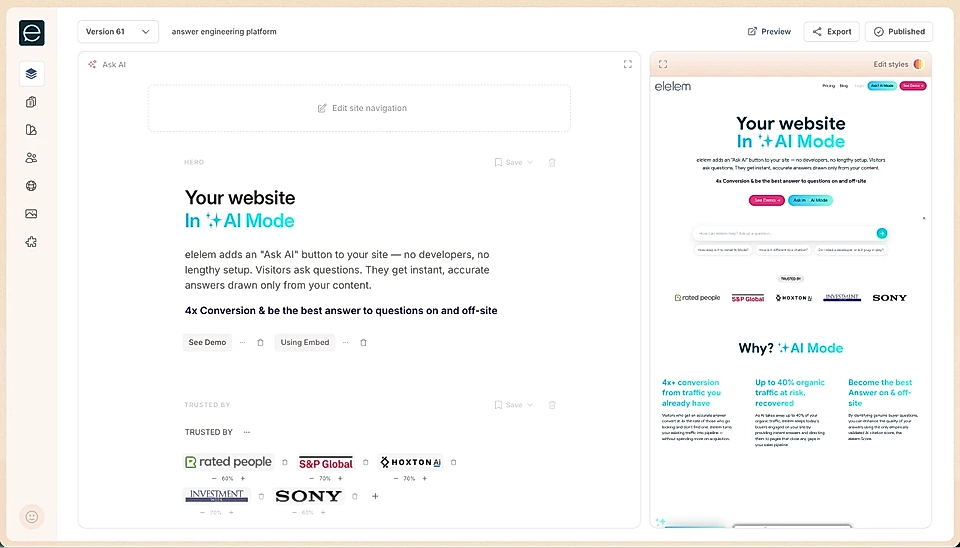 LandingRabbit page editor with elelem AI's homepage