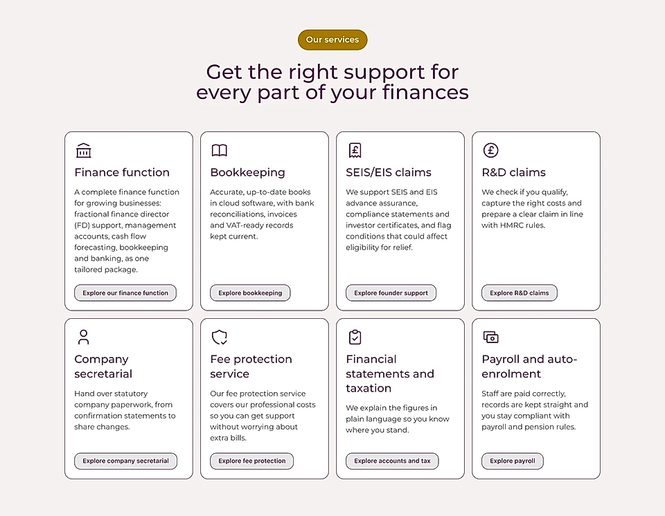 Elm Financial page showing finance support cards, including bookkeeping, tax, payroll, and claims options.