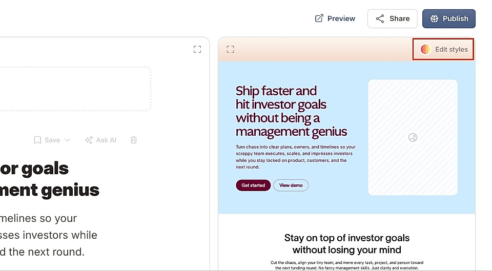 Screenshot of the LandingRabbit page editing tool and focus on the "Edit styles" button