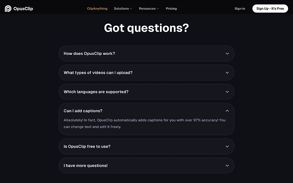An example of an FAQ section on a SaaS landing page