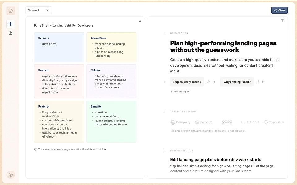 SaaS landing page structure matching the page plan