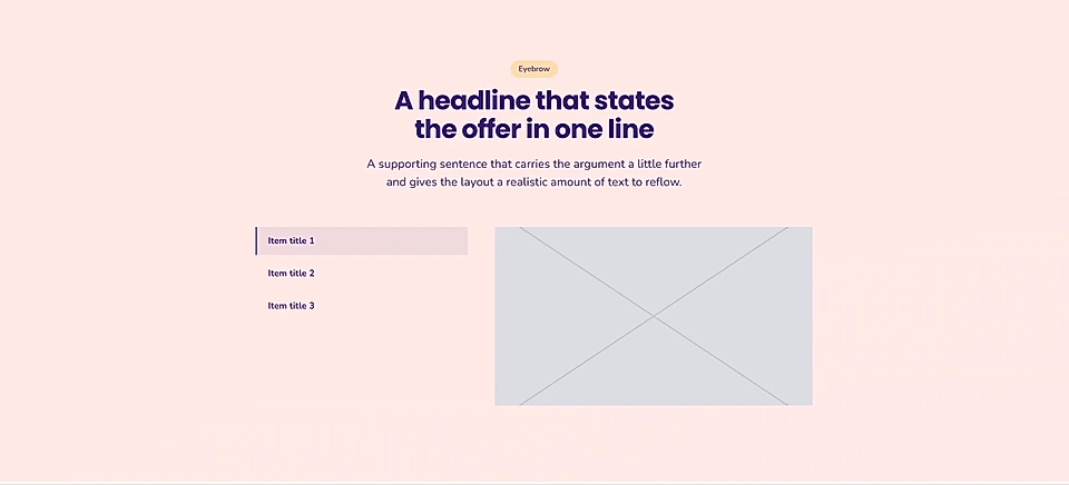 Landing page mockup with headline, supporting text, item list, and image placeholder