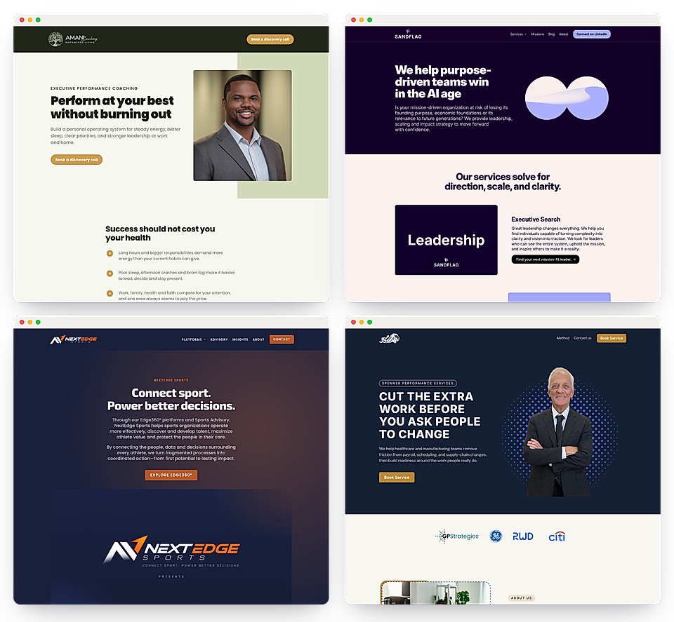 Collage of four website landing pages for coaching and business services