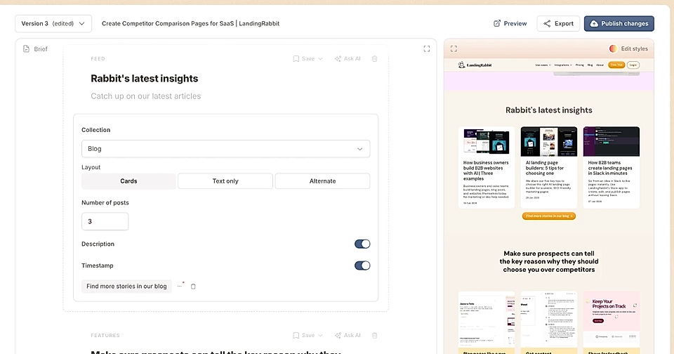 Screenshot of a website editor displaying blog feed settings and a preview of Rabbit's latest insights articles.