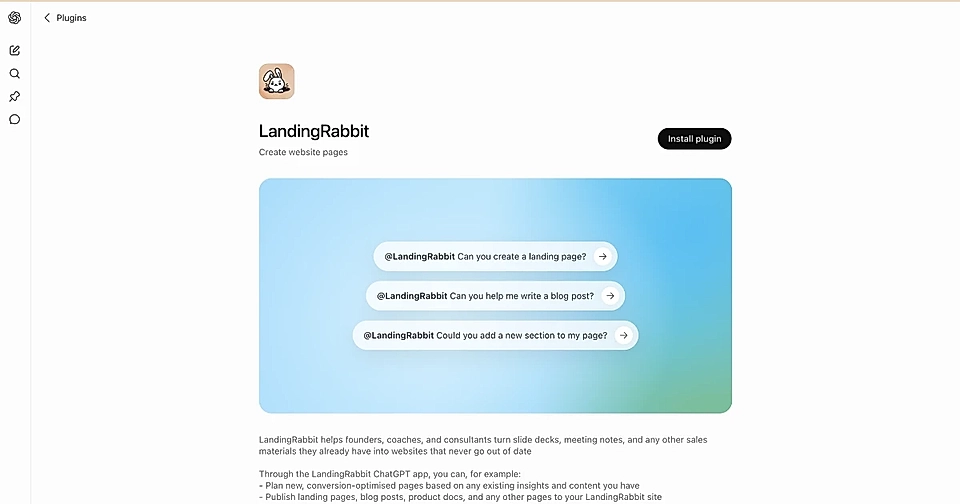 Plugin page for LandingRabbit with an install button and preview prompts on a blue gradient card.