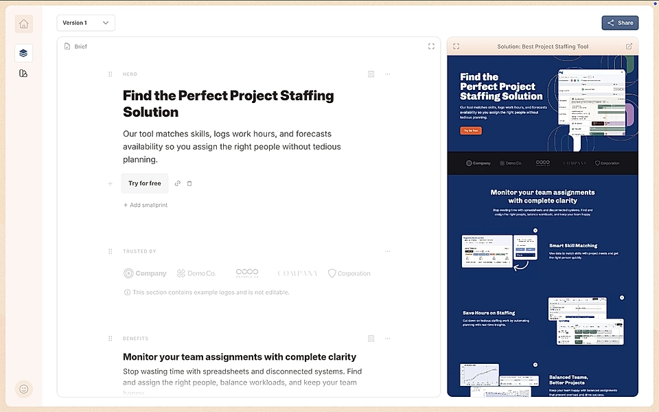 A SaaS landing page wireframe editor