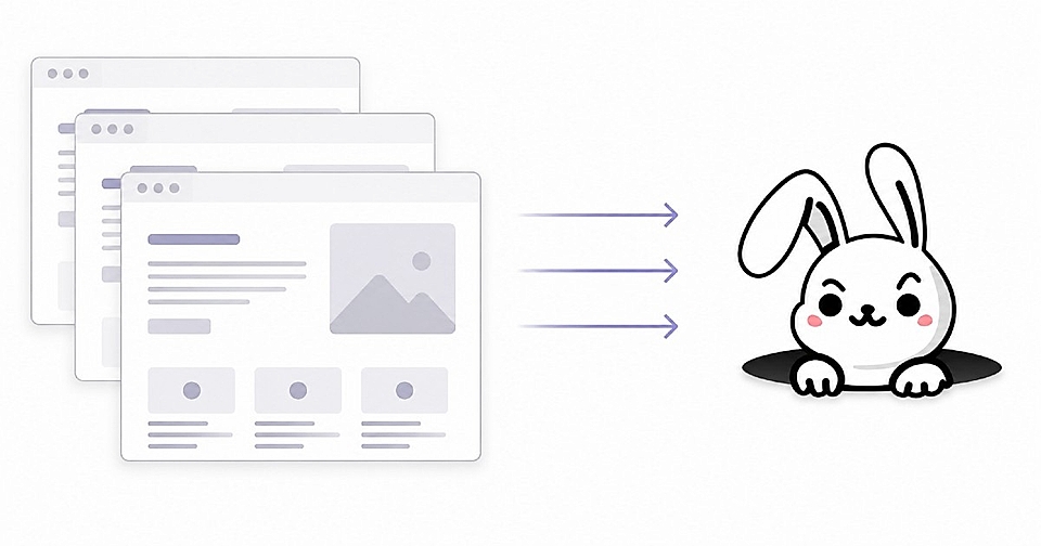 Stacked website page mockups with arrows pointing to LandingRabbit