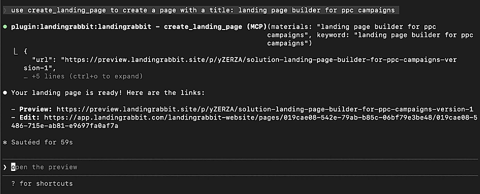 Screenshot of a landing page creation tool displaying a preview link and edit link for PPC campaign pages.