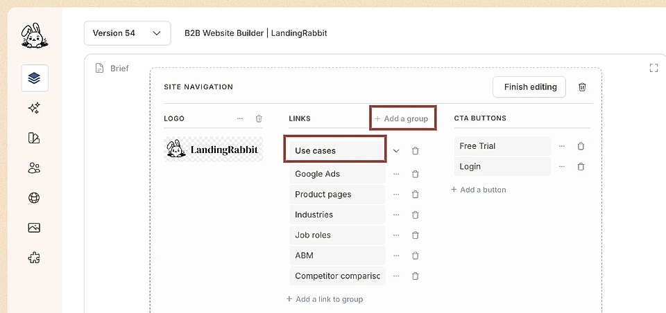 LandingRabbit's site navigation editing tools: add a group of links