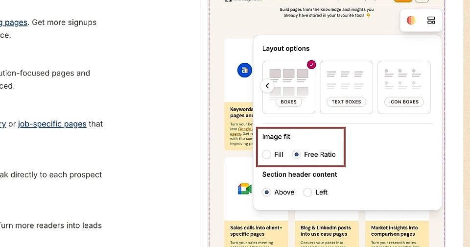 Screenshot of layout options for a LandingRabbit-powered webpage, highlighting 'Image fit' settings: Fill and Free Ratio.